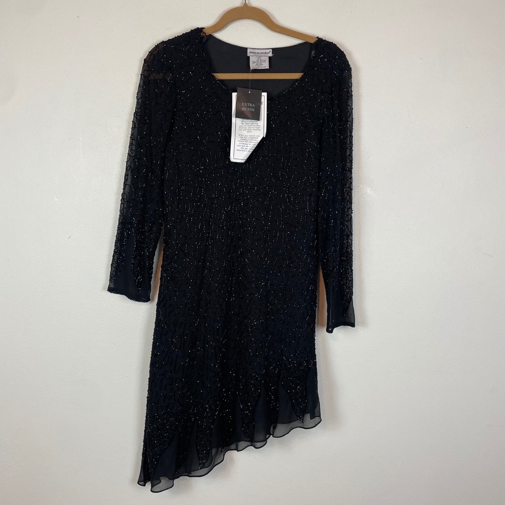 NOS VTG Jessica London Black Fully Beaded Sheer Sleeve Cocktail Party Dress 16W